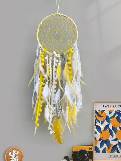 حلم كابتشر مع خرز زجاجي وريش، ديكور دانتيل يدوي، جرس داخلي للغرفة المعيشة قطعة واحدة