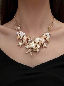 4pcs Women's Vintage Creative Elegant Fashion Metal Flower Decor Baroque Faux Pearl Necklace Set, Ocean Style Starfish Pendant Multilayer Necklace Set