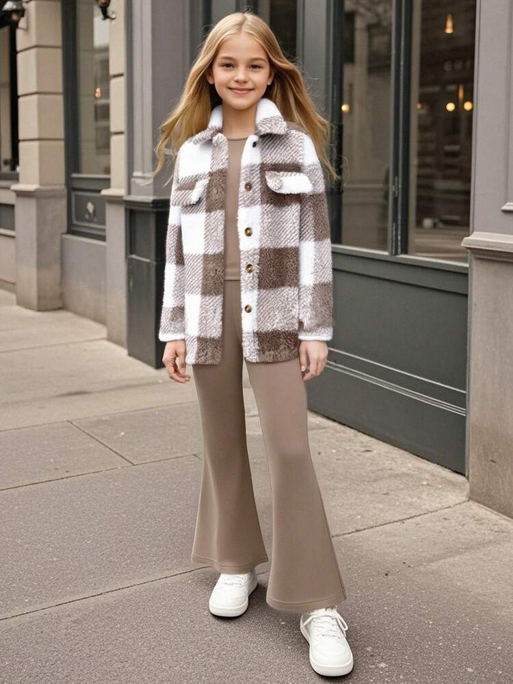 3pcs Girls Plaid Fuzzy Jacket, Bow Decor Blouse & Flare Pants Set, Autumn/Winter - Khaki - View 1