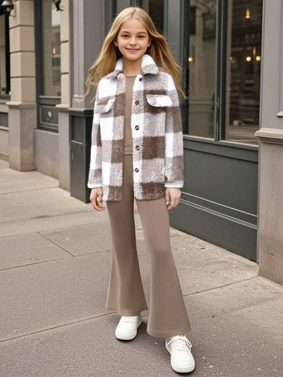 Vihyde 3 pezzi Set di giacca in pile a quadri, blusa con fiocco e pantaloni a zampa per ragazze, autunno/inverno