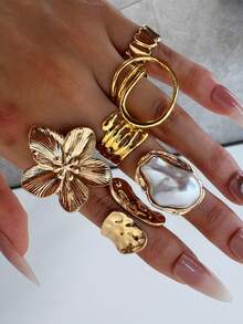 Set 6 Buah Cincin Paduan Emas Asimetris Mewah, Berkilau, Unik, Kreatif, dan Bergaya Vintage untuk Wanita, Cocok untuk Sehari-hari, Pesta, Liburan, dan Perjalanan. - MultiWarna - View 5