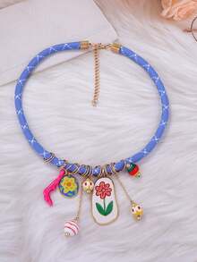 1pc Fashion Summer Dopamine Colorful Cord Metal Flower, Coral, Eggflower Pendant Necklace For Women, Minimalist & Versatile