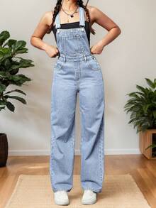 Pantalones jeans vaqueros de tirantes para mujer, color azul claro, corte holgado y tejido cómodo, ideales para relajarte - Azul - Ver 1