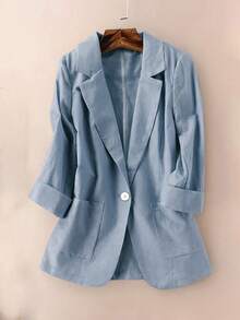 女士休闲亚麻七分袖西装外套，春秋装 - 霧霾藍 - 查看 3