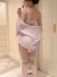 Japanese Style Pajamas Set, 5-Piece Set (Bra + Top + Skirt + Waist Cover + T-Pants), Side-Opening Pajamas Yukata, Elegant Flower 3-Piece Underwear And Hakama, Cute Sexy Pajamas Set, Suitable For Weight 45 Kg-63 Kg (Stockings Are Not Included In The Set) - 粉色 - 查看 3