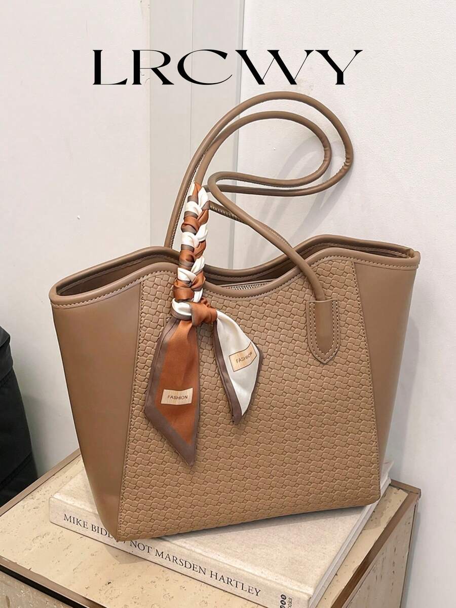 优雅托特包单肩包时尚鳄鱼压纹吊饰精致围巾商务办公大容量咖啡色 - 卡其色 - 查看 1