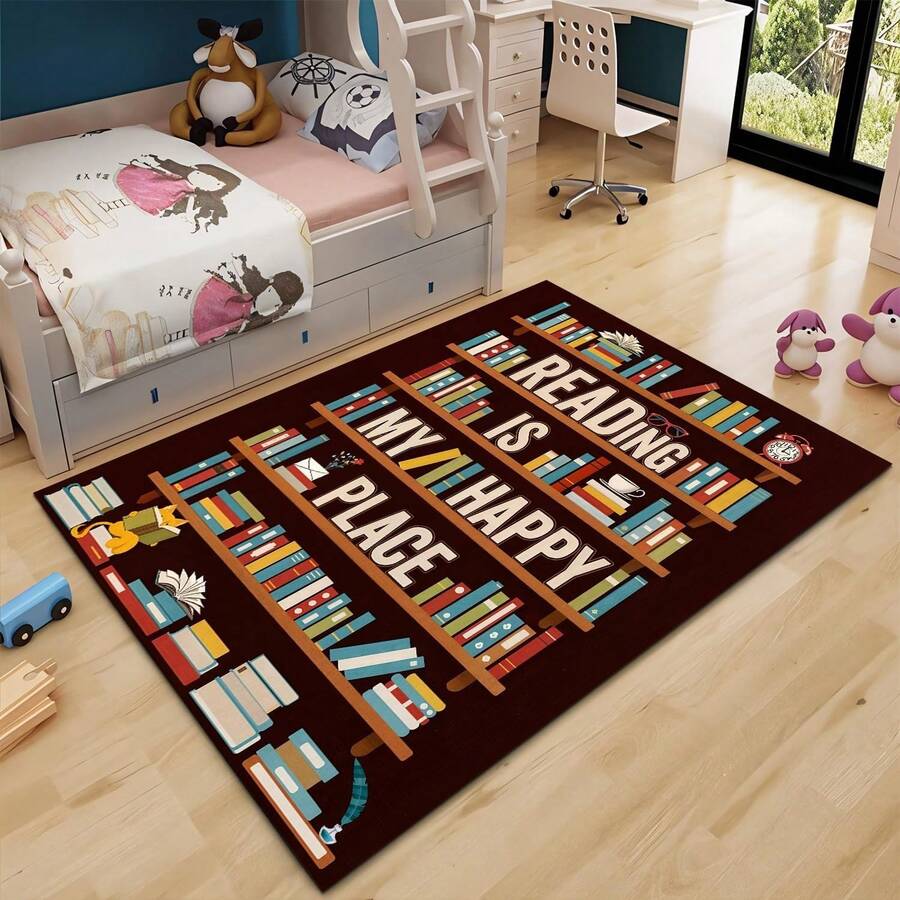 1pc Classroom Library Rug, Reading Rug For Classroom Library, Carpet For Study Room, Modern Print Non-Slip Low Pile Flannel Decor Rugs, Machine Washable Indoor Rug With Black Binding Rug, Suitable For Dining Room, Bedroom Home Office Laundry Kitchen(31*20in/16*48in/18*60in/84*60in) - 書籍地毯 Wd2 - 查看 1