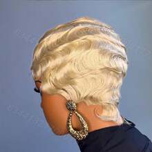 1顶80年代复古优雅无蕾丝指波纹假发，613号金色，150%密度，4英寸指波纹真人发假发，女士短款精灵头假发，妈妈款假发 - 金色 - 查看 5