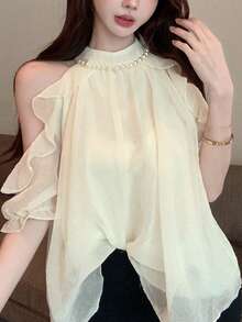 夏季新款仿珍珠项链露肩优雅光泽雪纺衬衫收腰半身裙套装，高端上衣 - 杏色 - 查看 6