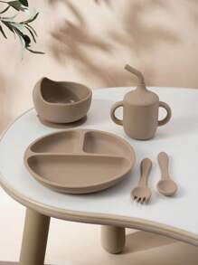 PopLittleOne 5 PIEZAS Conjunto de cubiertos de silicona para bebé, tazón con succión, plato, taza antiderrame, cuchara y tenedor blandos, vajilla para alimentación y entrenamiento de bebé antideslizante - Multicolor - Ver 14