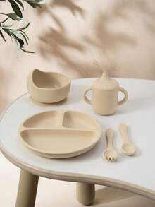 PopLittleOne 5 PIEZAS Conjunto de cubiertos de silicona para bebé, tazón con succión, plato, taza antiderrame, cuchara y tenedor blandos, vajilla para alimentación y entrenamiento de bebé antideslizante - Multicolor - Ver 21