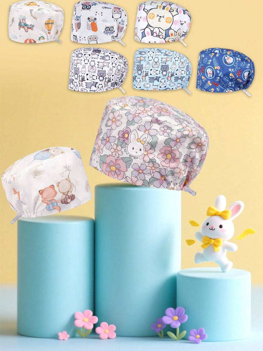 1pc Adjustable Polyester Cartoon Rabbit Print Protective Cap, Comfortable For Medical, Research, Office, Home Use, All Seasons