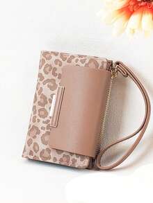 Women's Short Contrast Color Patchwork Wallet, Fashion Leopard & Tree Grain Multi-Function Card Holder Pouch, Elegant Snap Closure Young Student Large Capacity Zipper Coin Purse, Lightweight & Fashionable Convenient Carry, Suitable For Holiday Gift - Pink - View 2