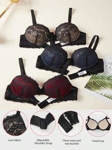 3-Piece Lace Flower Contrast Sexy Women's Underwear Bra, Thin Top And Thick Bottom Contrast Pattern, 3/4 Cup Size, With Steel Ring Bra Gathering And Shaping - 3件裝 - 查看 11