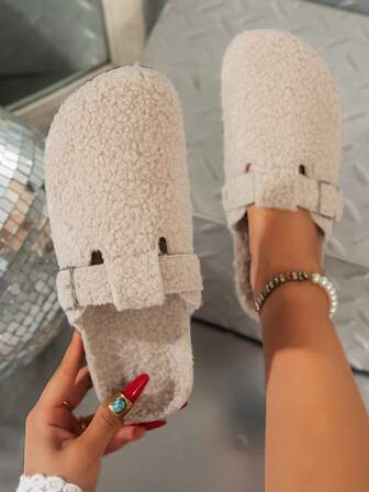 Women's Fluffy Slide Slippers, Plush Closed Toe Slippers For Autumn/Winter, Soft & Comfortable House Shoes For Indoor & Outdoor, Fashionable & Versatile