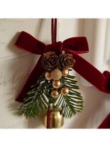 1pc Classic Christmas Door Hanging Decor, Bow & Bell Ornament, No Feathers, Non-Electric Holiday Decoration - Two Bells - View 3