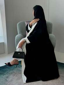 阿拉伯迪拜风格黑白时尚女式开衫长袍外套，中东女式阿巴雅开斋节春季装 - 黑色 - 查看 5