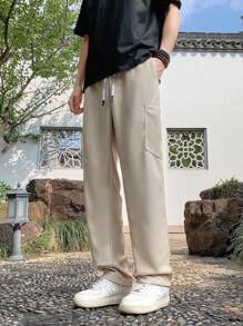 Brand Casual Pants, Multi-Pocket With Drawstring, Relaxed Straight Leg Sweatpants For Men, Lightweight For Summer