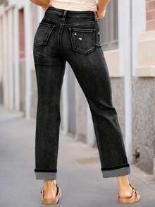 Women's Mid Waist Roll Cuff Denim Jeans With Distressed Elements, Made Of Soft And Durable Stretch Denim, Featuring Natural - Looking Rips, Functional Pockets, And A Relaxed Silhouette, Ideal For Effortless Casual Style