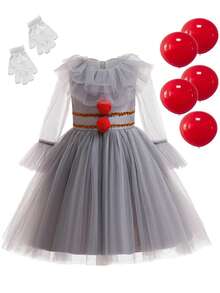 万圣节狂欢节女孩小丑服装，包括裙子和手套 - 灰色 - 查看 1