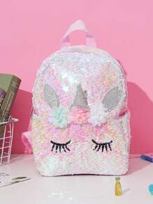 1 PC Shiny Sequined Unicorn Backpack - Cute Pastel-Colored Glitter School Bag With Flower Decorations, Adjustable Shoulder Straps, Lightweight PU Material, Suitable For School Use
