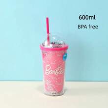 Miniso Barbie 600ml Double Layer Plastic Tumbler With Straw,Pink Straw Cup Coffe Cup,Best Birthday Gift For Outdoor Travel Or School - 粉色 - 查看 5