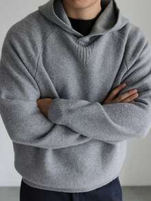 男士休闲宽松套头连帽衫，纯色，百搭，长袖，适合春秋冬 - 灰色 - 查看 1