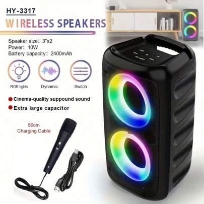 HY-3317 带麦克风的无线扬声器 - 大型便携式无线扬声器，带单麦克风卡拉 OK、迪斯科派对灯、10W 功率、2400mAh 电池、50 厘米充电线，非常适合户外使用和派对、户外音响系统 | 耐用的构造质量、无线扬声器低音炮、迪斯科派对灯、TWS、TF、AUX、麦克风，是派对、生日派对和露营晚餐的大礼物。