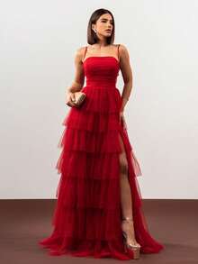 LONG WEDDING PARTY DRESS  BRIDESMAIDS CLASSIC TULLE WITH SHINE - RED - View 1