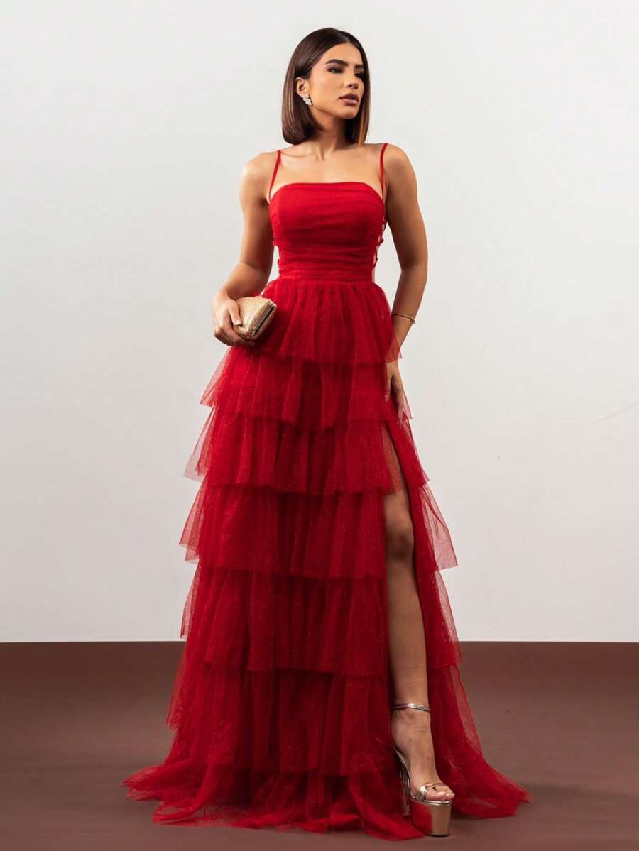 LONG WEDDING PARTY DRESS BRIDESMAIDS CLASSIC TULLE WITH SHINE - RED - View 1