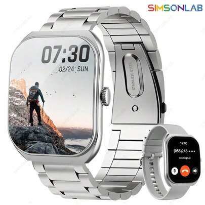 SIMSONLAB ساعة ذكية للرجال (الرد/إجراء مكالمة)، شاشة منحنية 2.01 بوصة للرجال، مقاومة للماء 1 ATM، مع مراقب النوم، عداد الخطوات، خلفية مخصصة، متتبع لياقة بدنية مع 123 وضع رياضي، متوافق مع أندرويد وآي أو إس، ساعة ذكية للنساء