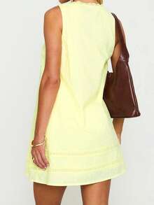 Women Loose Mini Dress Casual Summer Lace Patchwork Square Neck Sleeveless Party Dress For Beach Club Streetwear - Màu vàng - Xem 5