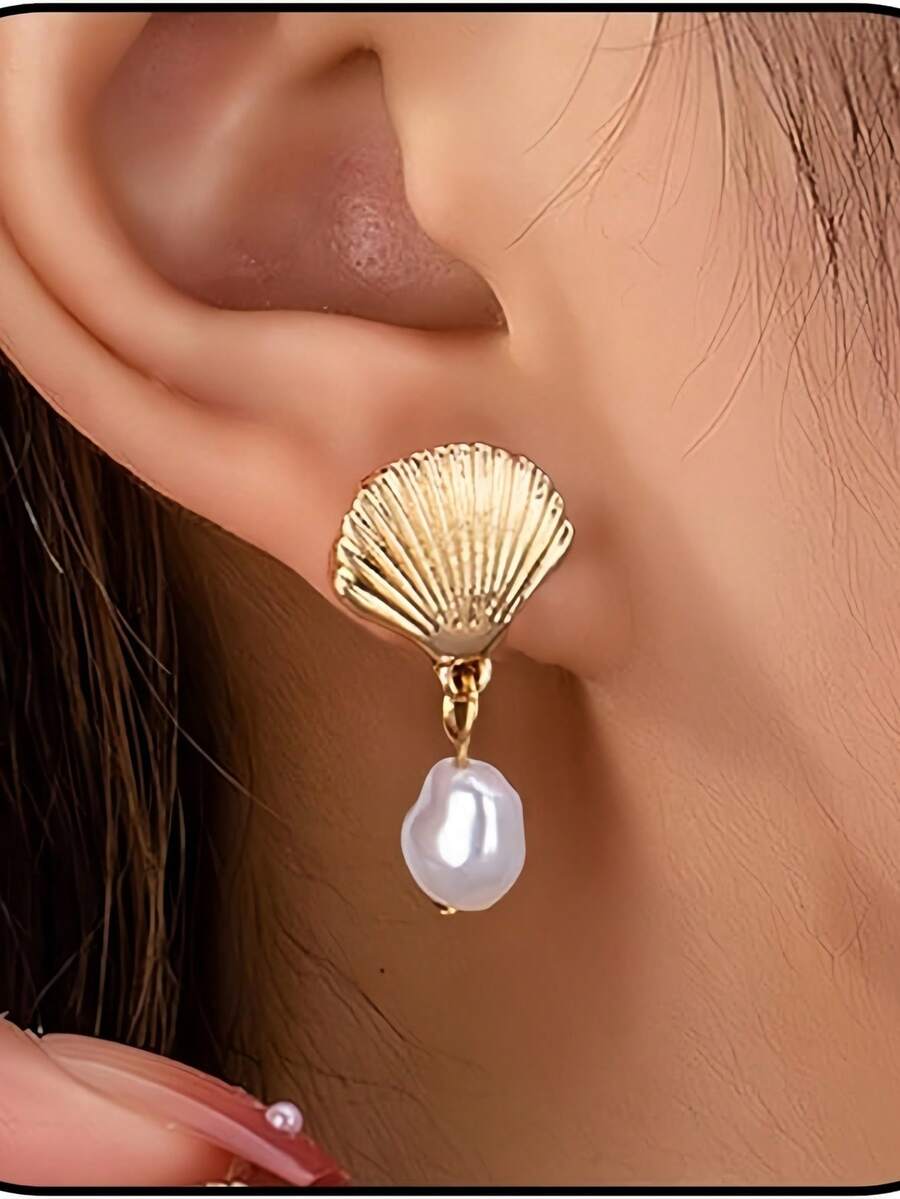 Sea Star Shell Earrings Beach Jewelry Women's Lightweight And Elegant Pearl Water Drop SeaShell Beach Earrings With Sea Charm, Suitable For Summer Vacation Coastal Accessories - 金色 - 查看 1