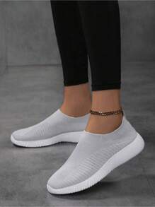 Gray Breathable Knit Casual Slip-On Flat Shoes For Women, Lightweight & Comfortable