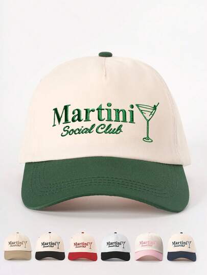 1pc Women's Embroidered Cocktail Glass Colorblock Baseball Cap, Adjustable Outdoor Sun Protection Hat Suitable For Spring/Autumn Travel, Beach, Unisex Y2K Style Cap