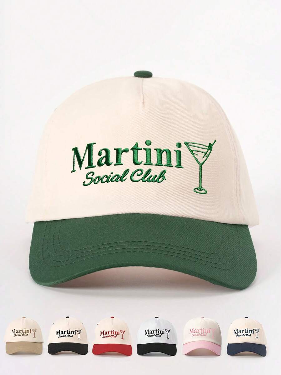 1 件女式刺绣马提尼酒杯拼色棒球帽，可调节户外防晒休闲帽，适合春秋旅行、海滩、男女通用青年 Y2K 风格 - 棒球帽 - 查看 1