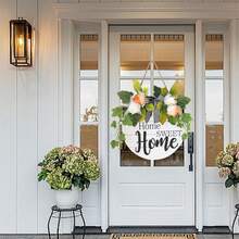 Decorative Flower Wood Sign With Faux Floral Round Plaque Hanging Wall Art For Home Door Porch Decor - White - View 2