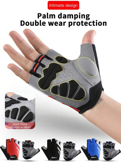 Vilico 1 Pair Of Blue Red And Black Unisex Half Finger Fitness Protective Gloves For Nighttime Cycling Eva Shock-Absorbing And Wear-Resistant Palm Pads Breathable Mesh Fabric Skin Friendly Microfiber Fabric Wrist Buckle Strong Hook And Loop Reflective Strip Gloves Suitable For Fitness Equipment Sports Running Weightlifting Volleyball Basketball Badminton Skiing Cycling Mountain Climbing Dancing Outdoor Sports Fitness Half Finger Gloves