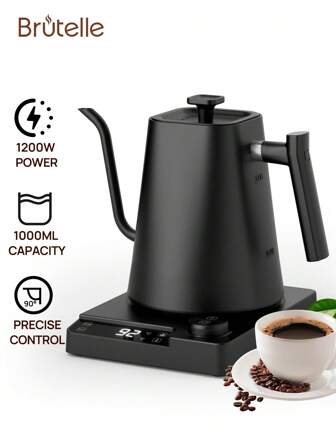 Brutelle إبريق ماء عنق المرأة الكهربائي قهوة تصنيف V60 درجة الحرارة إبريق ماء كهربائي غلاية مياه ساخنة إبريق شاي صب 1200 وات تسخين سريع إبريق شاي كهربائي إيقاف تلقائي لمسة واحدة عزل من الستانلس ستيل 1000 مل أسود لزاوية القهوة في المنزل
