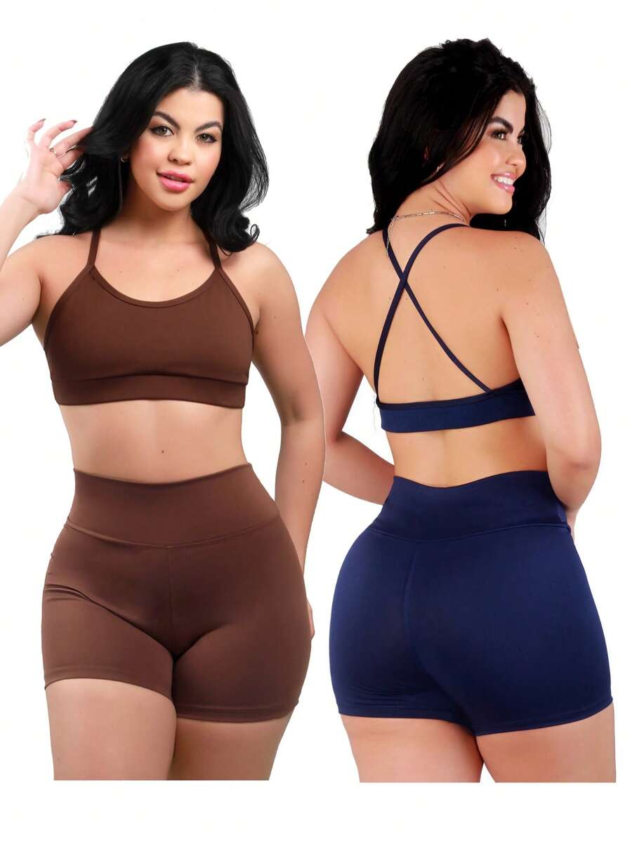 Work Fitness Kit 2 Set Bare Back Top With Cross Straps And Bermuda Shorts Basic Premium - Blue and Brown - View 1