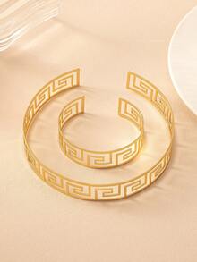 Set de 2 piezas de brazaletes y pulseras con textura geométrica de zigzag de metal dorado exagerado, adecuado para atuendos diarios, de fiesta y de vacaciones de mujeres - Amarillo Oro - Ver 4