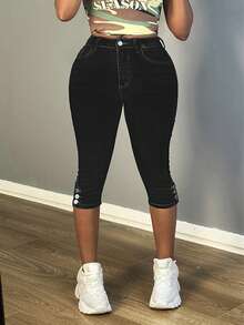 Women's Denim Skinny Capris With Button Accents And Pockets, Comfortable Slit Stretch Fabric, Casual And Versatile Jeans. - màu đen - Xem 2