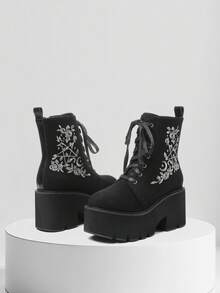 Womens Gothic Platform Ankle Boots Round Toe Embroider Chunky Heels Zipper Lace Up Punk Boot Party Work Dress Shoes Halloween Gift Concert Outing Casual Outdoor Fall Winter Black Booties