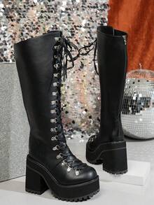 Damskie buty do kolan w stylu punkowym na grubym obcasie i platformie, jesień/zima 2025, czarne, lekkie, antypoślizgowe, wysokiej jakości buty robocze do pracy na świeżym powietrzu, buty dla studentek na Halloween, zajęcia na świeżym powietrzu muszą być smukłe i uniwersalne. - Czarne - Zobacz 7