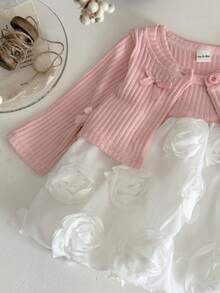 2 件套女婴甜美白玫瑰公主裙 + 长袖蝴蝶结动物耳朵开衫套装，春秋