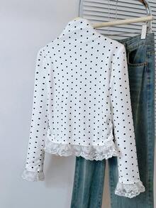 蝴蝶结和波点半高领T恤，秋季修身蕾丝边长袖上衣
