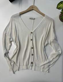 Solid Color Casual Cute Ribbed Knit Button Front Buttons Holiday Daily Autumn - 奶油色 - 查看 1