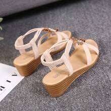 女士交叉带串珠凉鞋，露趾踝带百搭旅行休闲一脚蹬厚底坡跟凉鞋