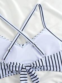 New Sexy High Waist Criss-Cross Strap Bikini Set For Women, Metal Pendant Decor, Adjustable Drawstring, Flattering Tummy Coverage - Blue and White - View 7