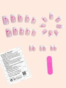 Instantly Upgrade Your Look With 24Pcs Middle Square Pink Sparkling Loose Powder White French Line Pink Rose Flower Full Cover Detachable Push Fake Nail For Women And Girls For Women And Girls Nail Salon With 1 Piece Of Jelly Gel And 1 File Strip Jelly Glue Is Randomly Shipped Press On Nails Nail Supplies Nails